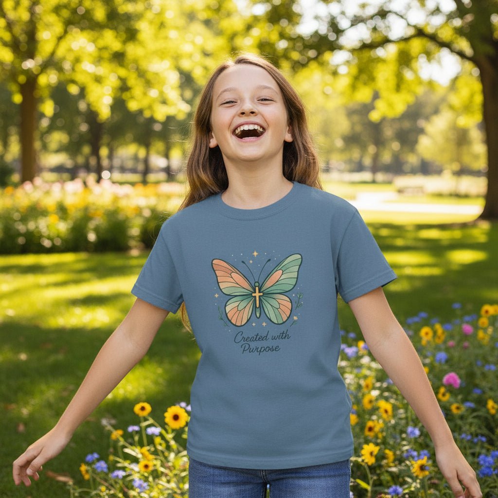 Created With Purpose™ Youth Tee – Hand - Drawn Butterfly Shirt for Kids, Vintage Pastel Garment - Dyed Cotton, Inspirational Positive Message T-Shirt - Havenly Essentials - Kids clothes - Printify - 31300685394331492122 -  - Created With Purpose™ Youth Tee – Hand - Drawn Butterfly Shirt for Kids, Vintage Pastel Garment - Dyed Cotton, Inspirational Positive Message T-Shirt
